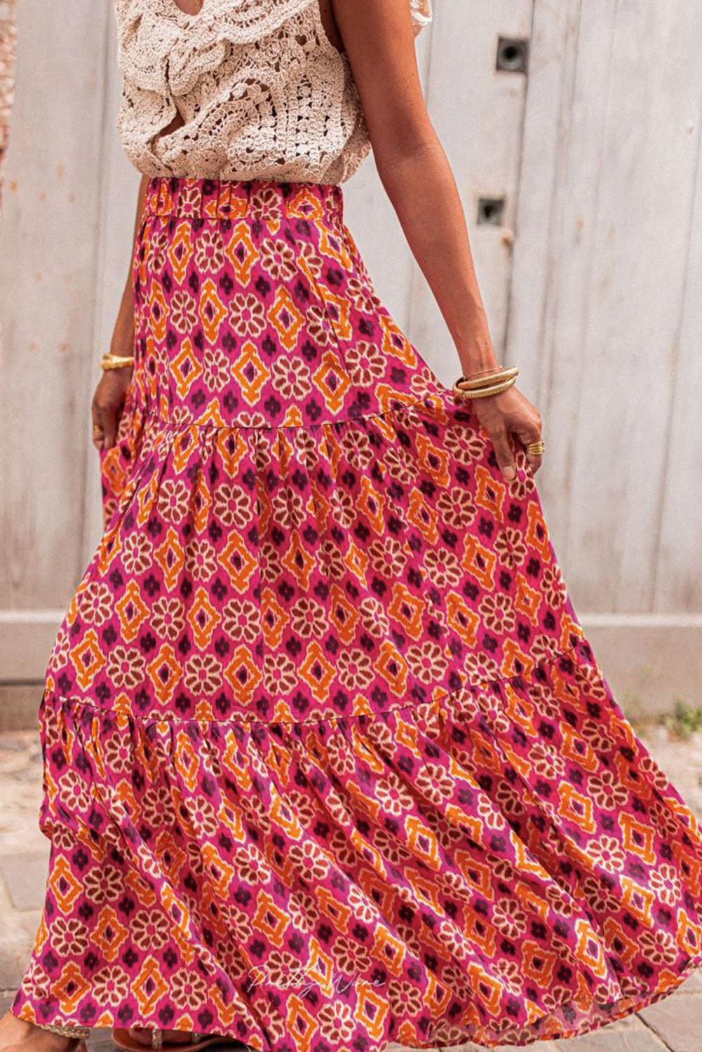 Rose Vintage Boho Floral Print Tiered Maxi Skirt - L & M Kee, LLC