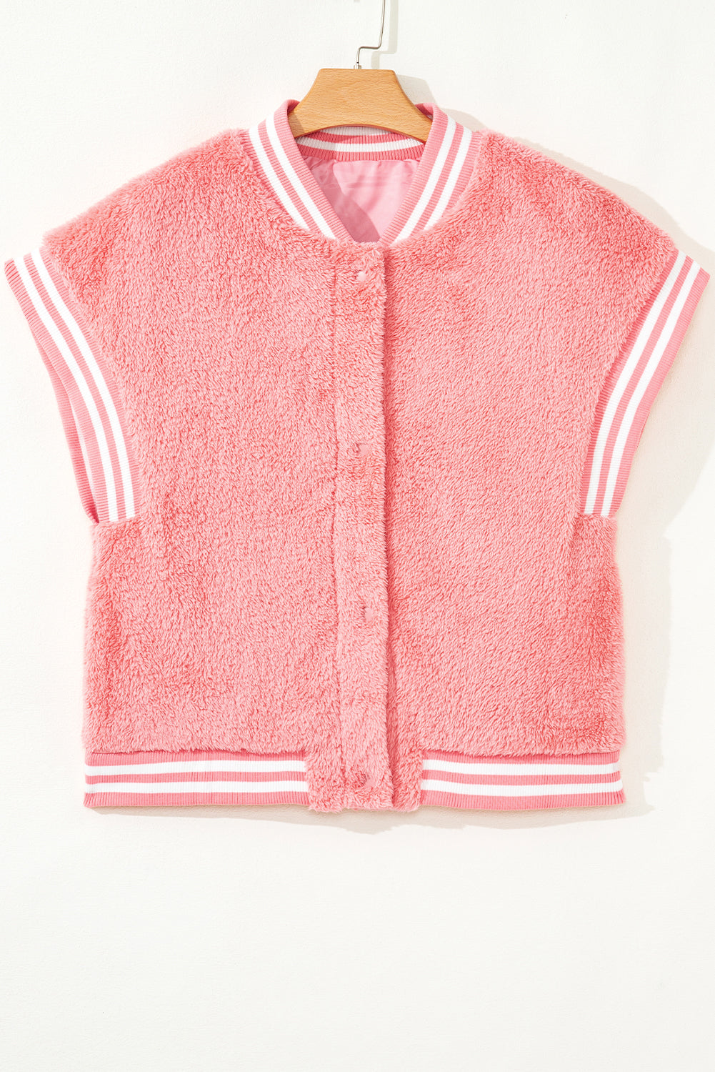 Gossamer Pink Varsity Striped Banding Patchwork Winter Plush Vest
