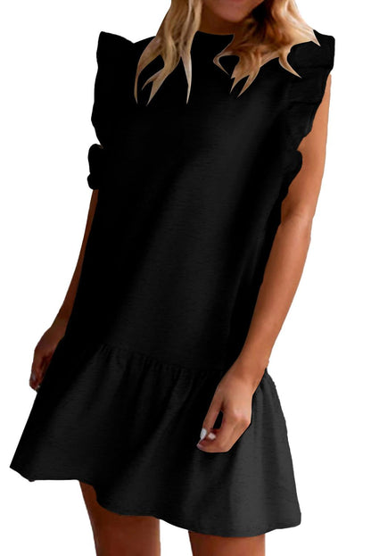 Black Flutter Sleeve Crew Neck Shift Dress - L & M Kee, LLC