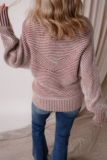 Red Dahlia Striped Print Ribbed Knit Boat Neck Baggy Sweater