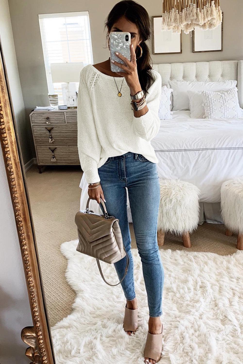 Long Sleeve Cutout Shoulder Relaxed Sweater - L & M Kee, LLC