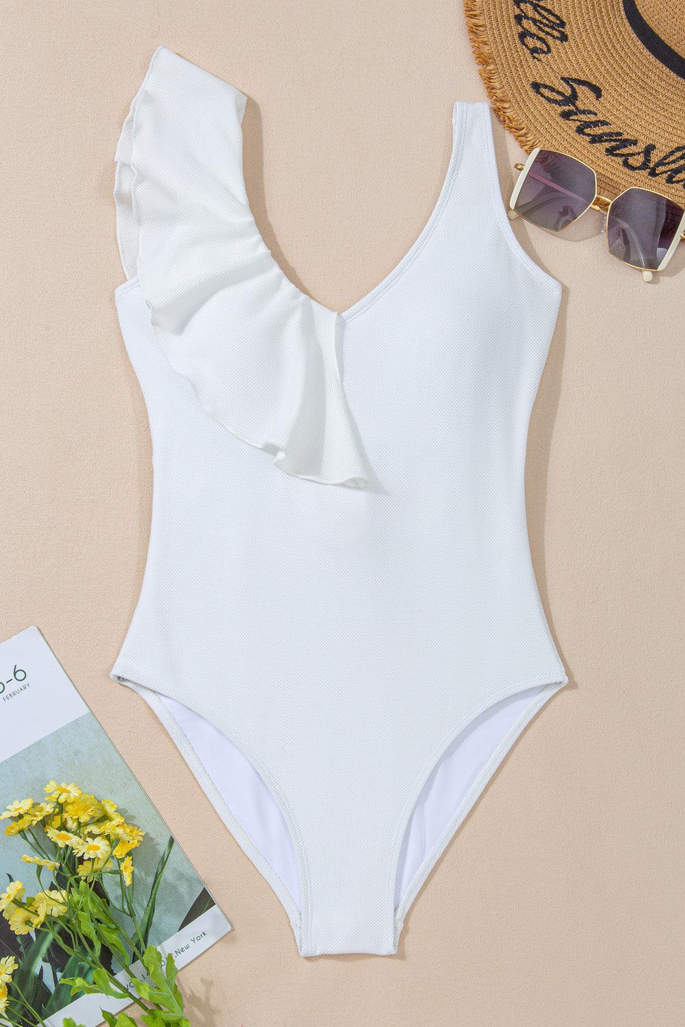 White Asymmetric Ruffle Trim Tie Waist One Piece Swimsuit - L & M Kee, LLC