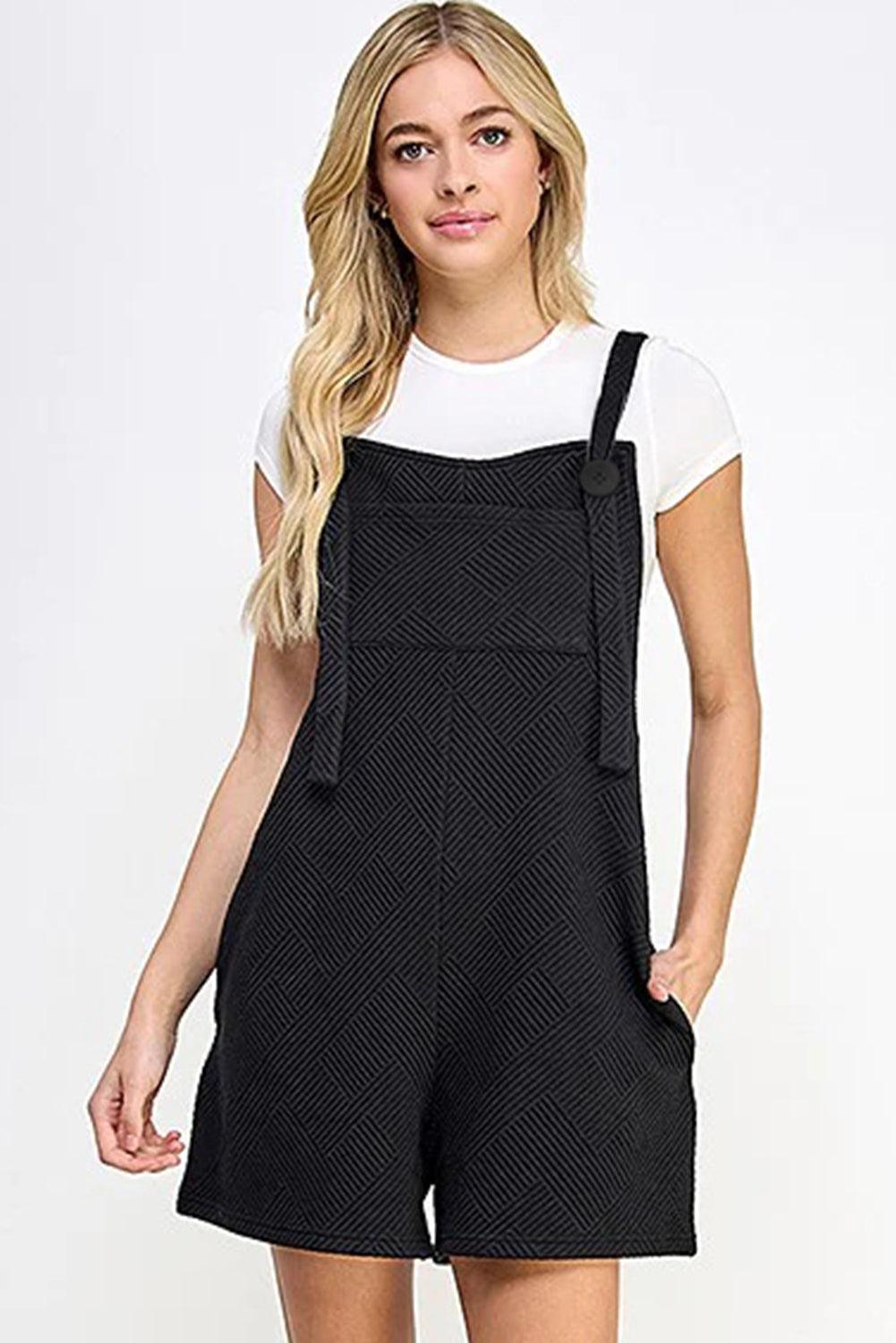 Black Adjustable Straps Textured Romper - L & M Kee, LLC