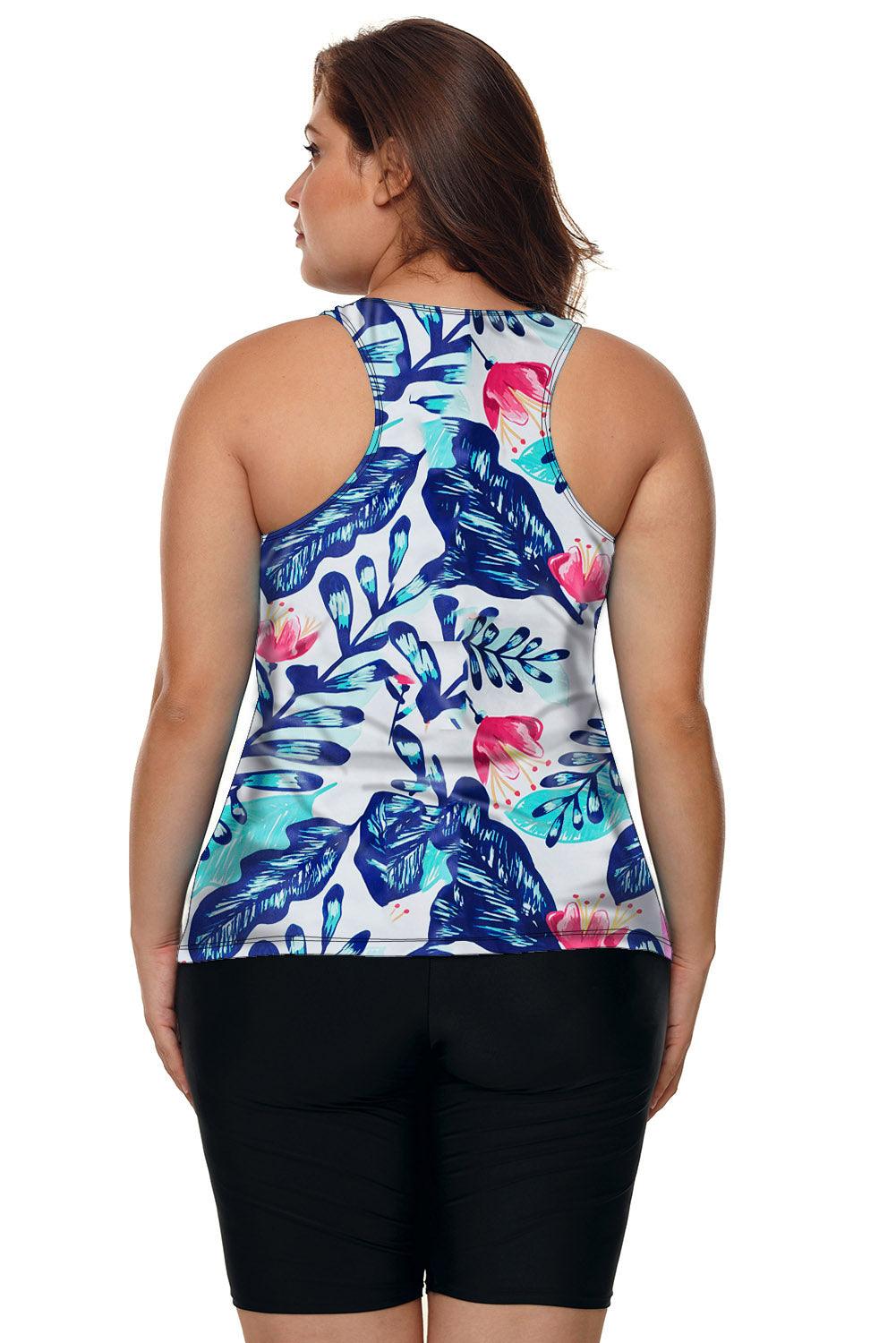 Stripe Floral Print Racerback Tankini Swimsuit - L & M Kee, LLC