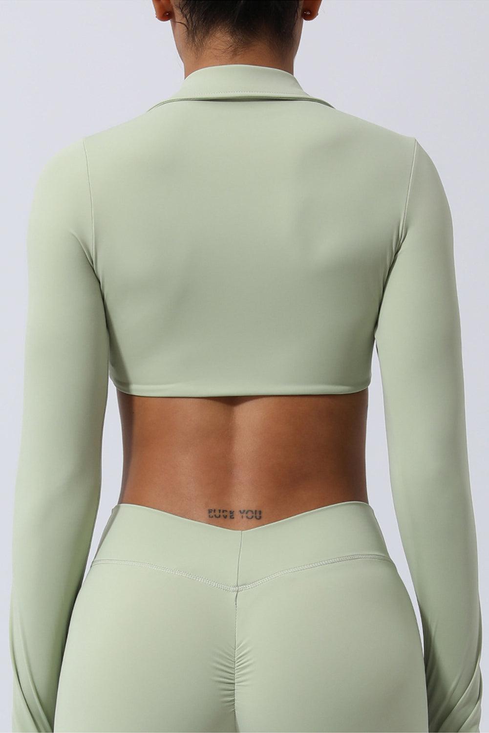 Meadow Mist Green Long Sleeve Collared Twist Neckline Cropped Gym Top - L & M Kee, LLC