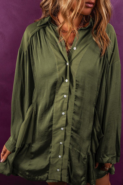 Pickle Green Loose Pocketed Ruffled Hem Draped Shirt Dress - L & M Kee, LLC