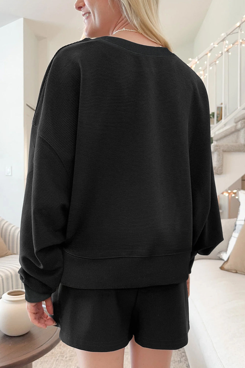 Black Ribbed Texture Baggy Drop Shoulder Pullover and Shorts Set