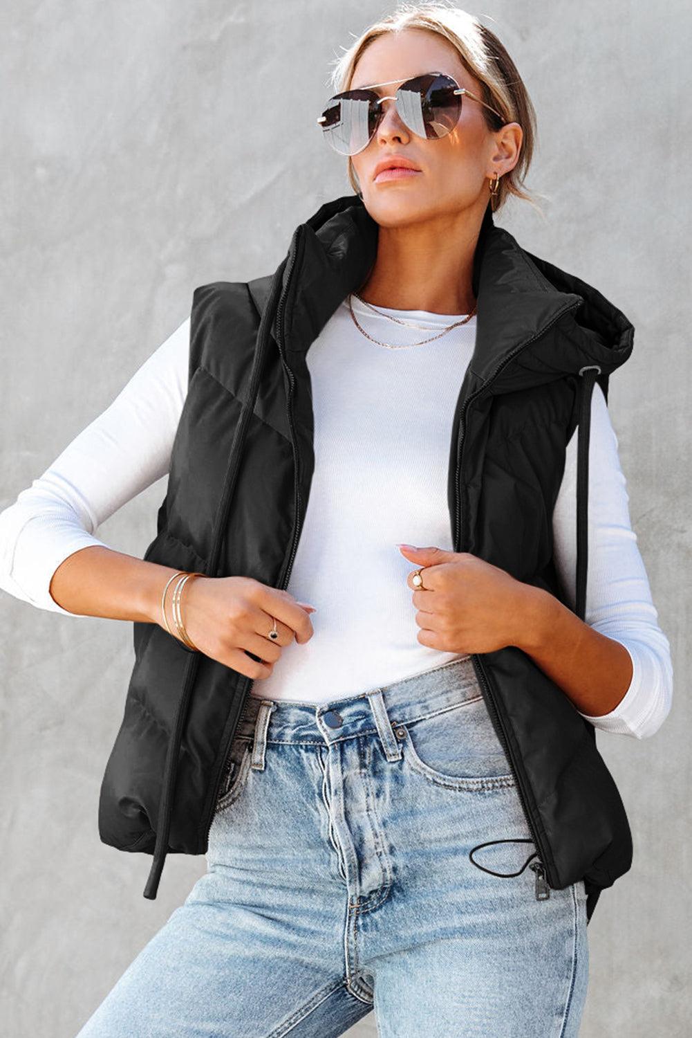 Black Sleek Quilted Puffer Hooded Vest Coat - L & M Kee, LLC