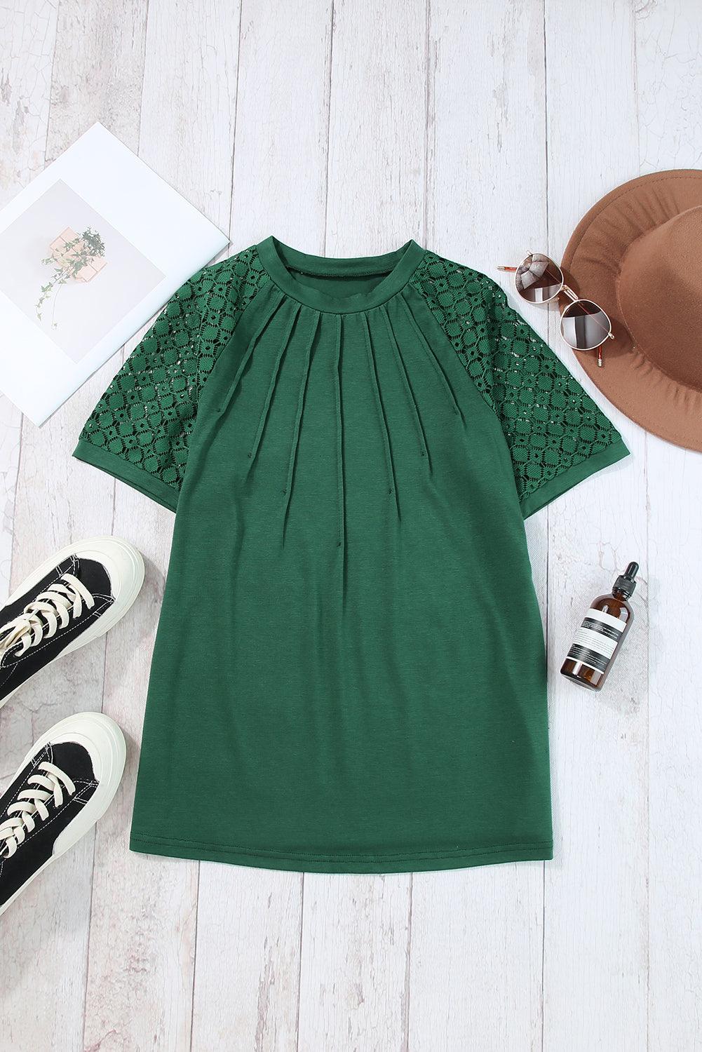 Blackish Green Seamed Detail Contrast Lace Raglan Sleeve Tee - L & M Kee, LLC