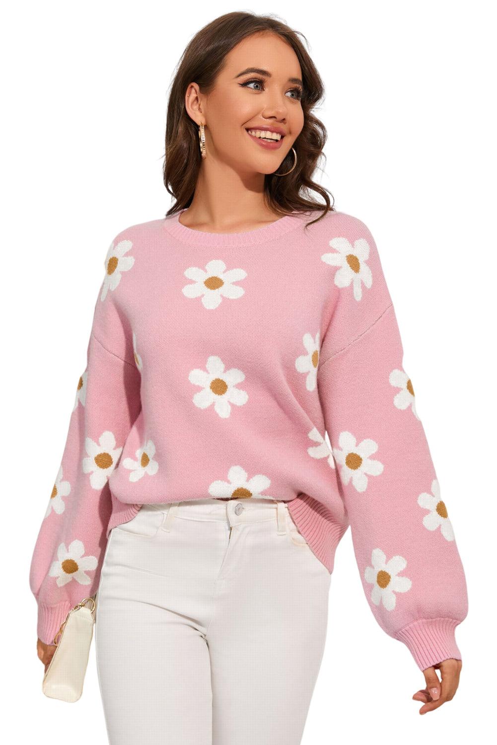 Pink Floral Pattern Drop Shoulder Sweater - L & M Kee, LLC