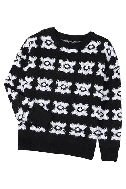 White Printed Retro Flower Pattern Knit Fuzzy Sweater - L & M Kee, LLC