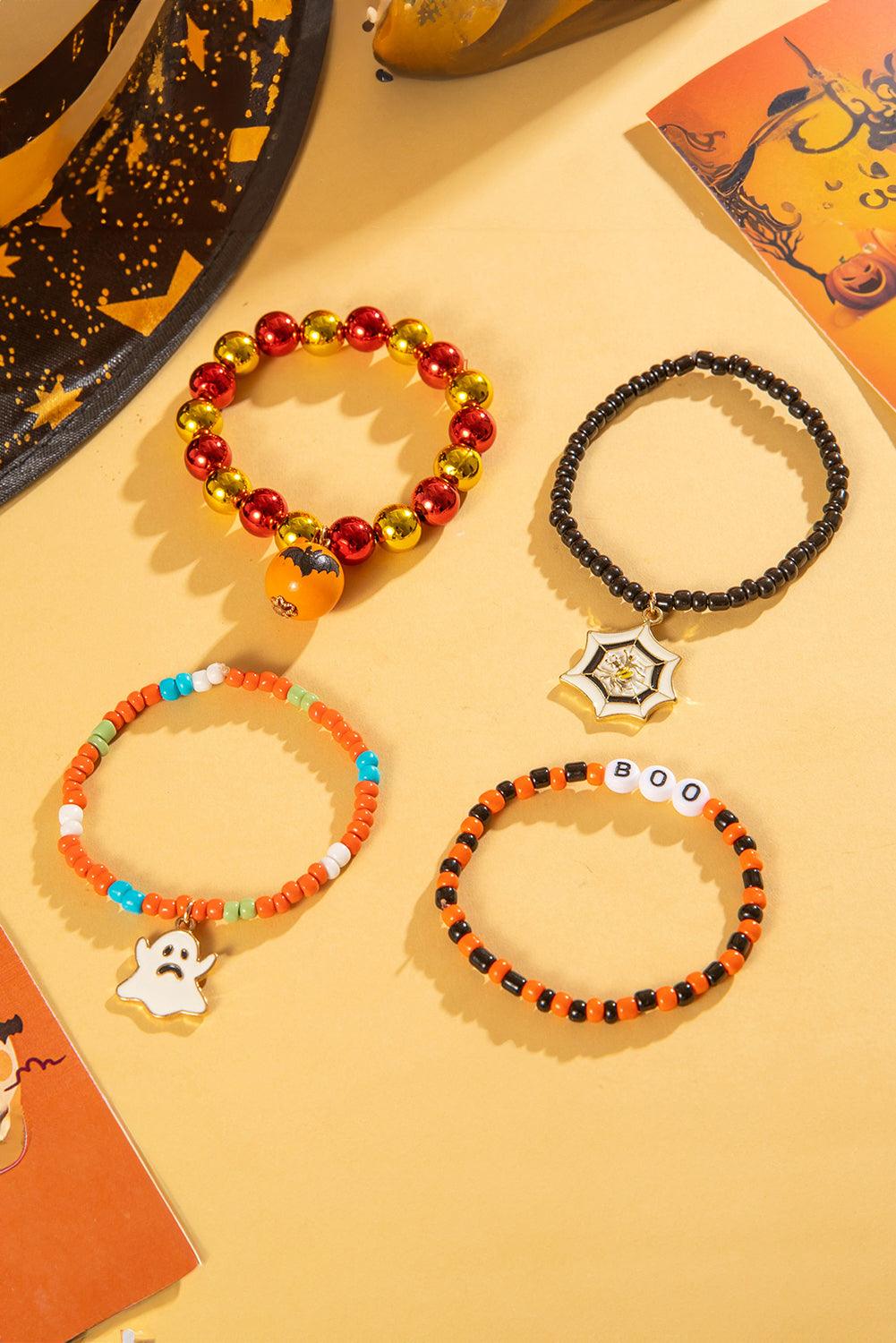 Orange 4pcs Halloween Ghost Spider Web Beaded Bracelet Set - L & M Kee, LLC