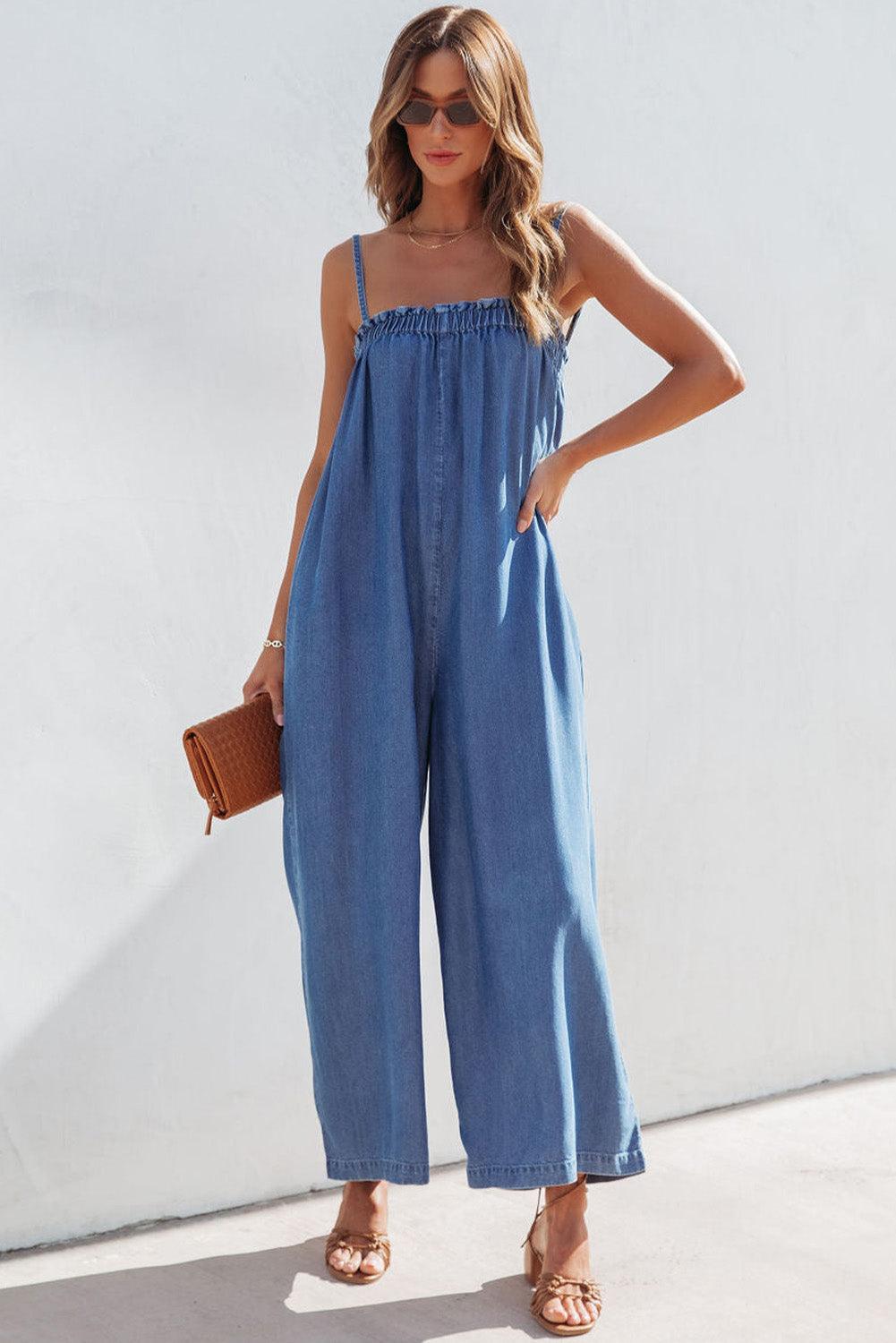 Blue Spaghetti Straps Frilled Neckline Pocketed Wide Leg Denim Jumpsuit - L & M Kee, LLC