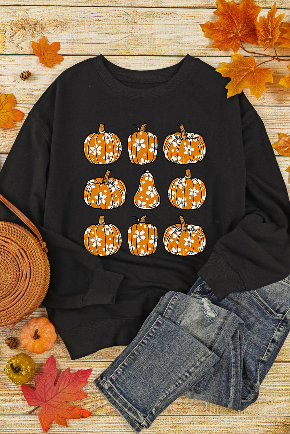 Black Floral Pumpkin Graphic Round Neck Halloween Sweatshirt