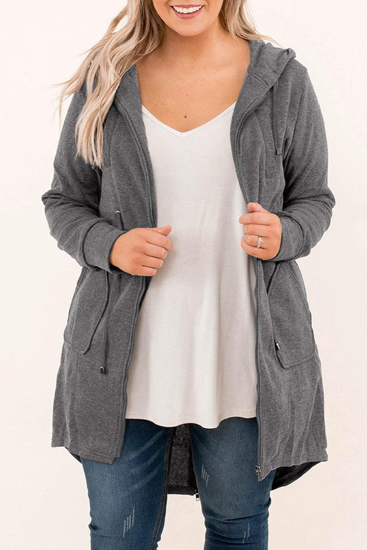 Gray Plus Size Drawstring High Low Hooded Jacket - L & M Kee, LLC