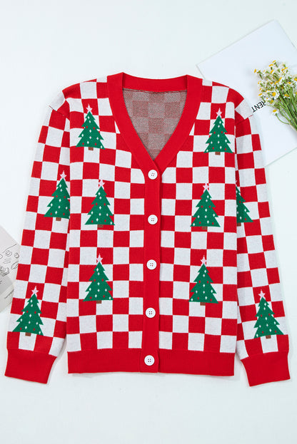 Pink Checkered Christmas Tree Pattern Button V Neck Cardigan Sweater