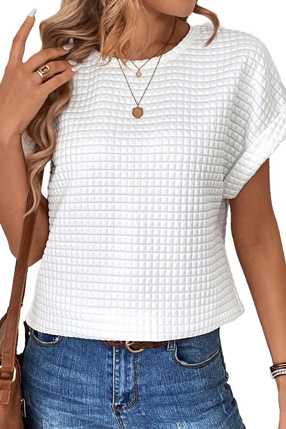 White Checkered Textured Bat Sleeve T Shirt - L & M Kee, LLC