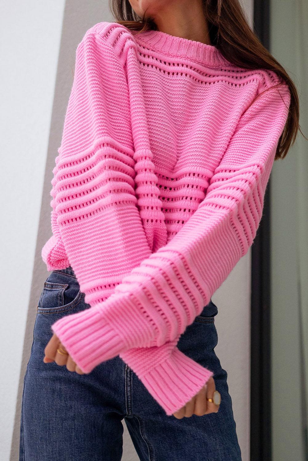 Pink Solid Color Cable Knit Eyelets Mock Neck Sweater - L & M Kee, LLC