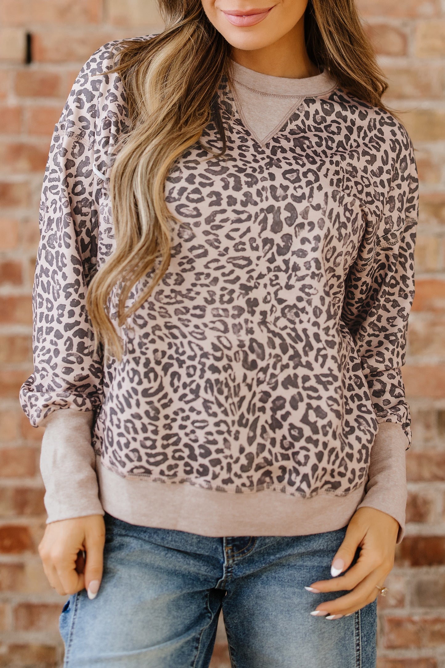 Pink Leopard Print Patchwork Crew Neck Sweatshirt
