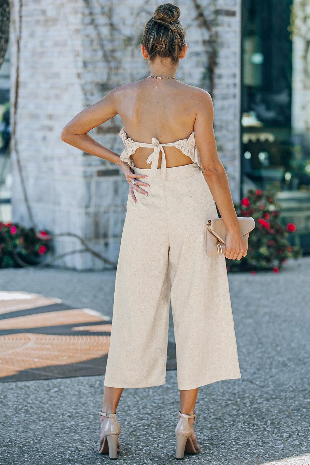 Beige Ruffled Strapless Wide Leg Jumpsuit - L & M Kee, LLC