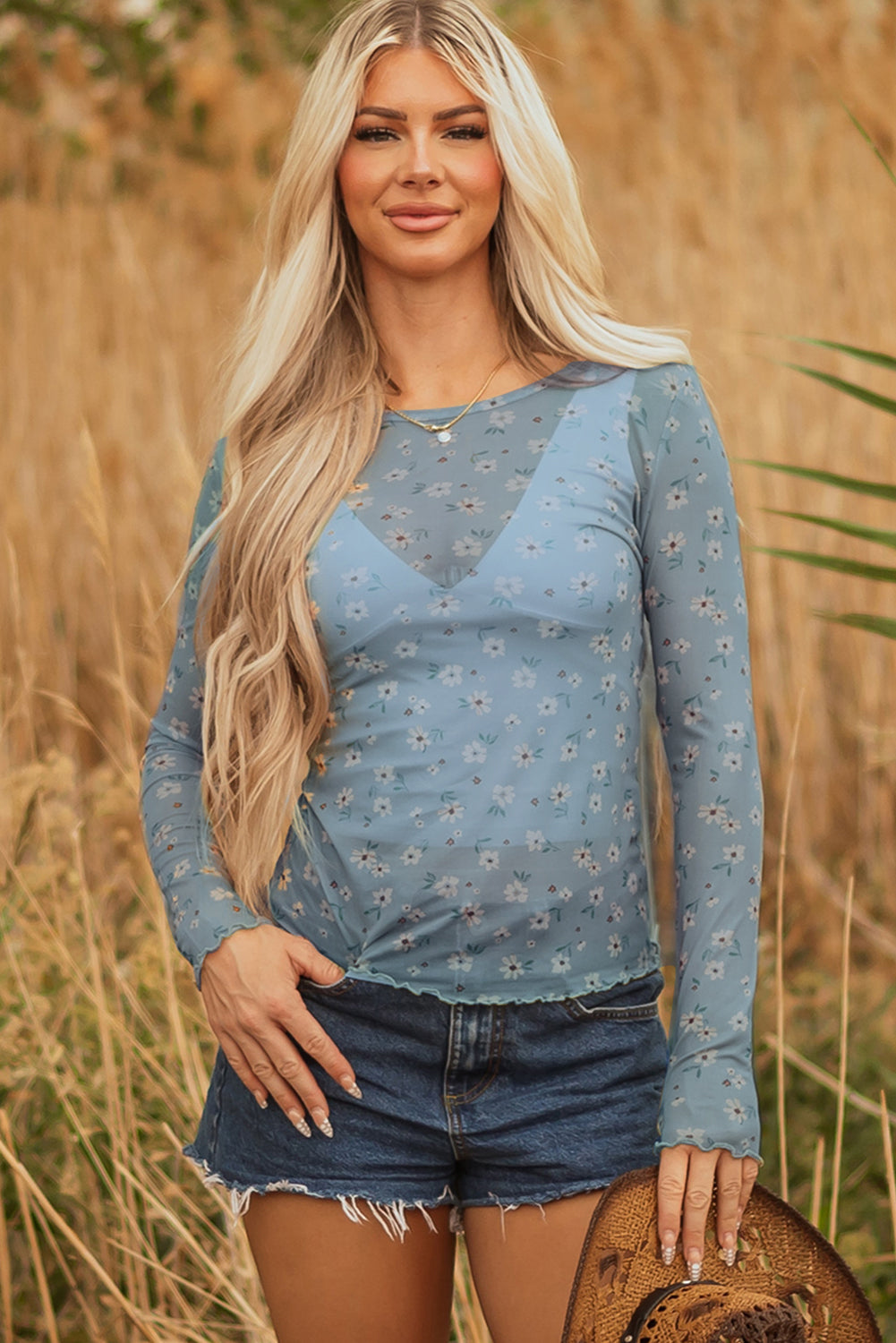 Sky Blue Vintage Floral Print Southern Style Mesh Long Sleeve Top