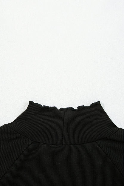 Black Ribbed Knit Lettuce Trim High Neck Long Sleeve Top