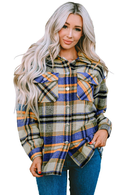 Geometric Plaid Print Pocketed Shacket - L & M Kee, LLC