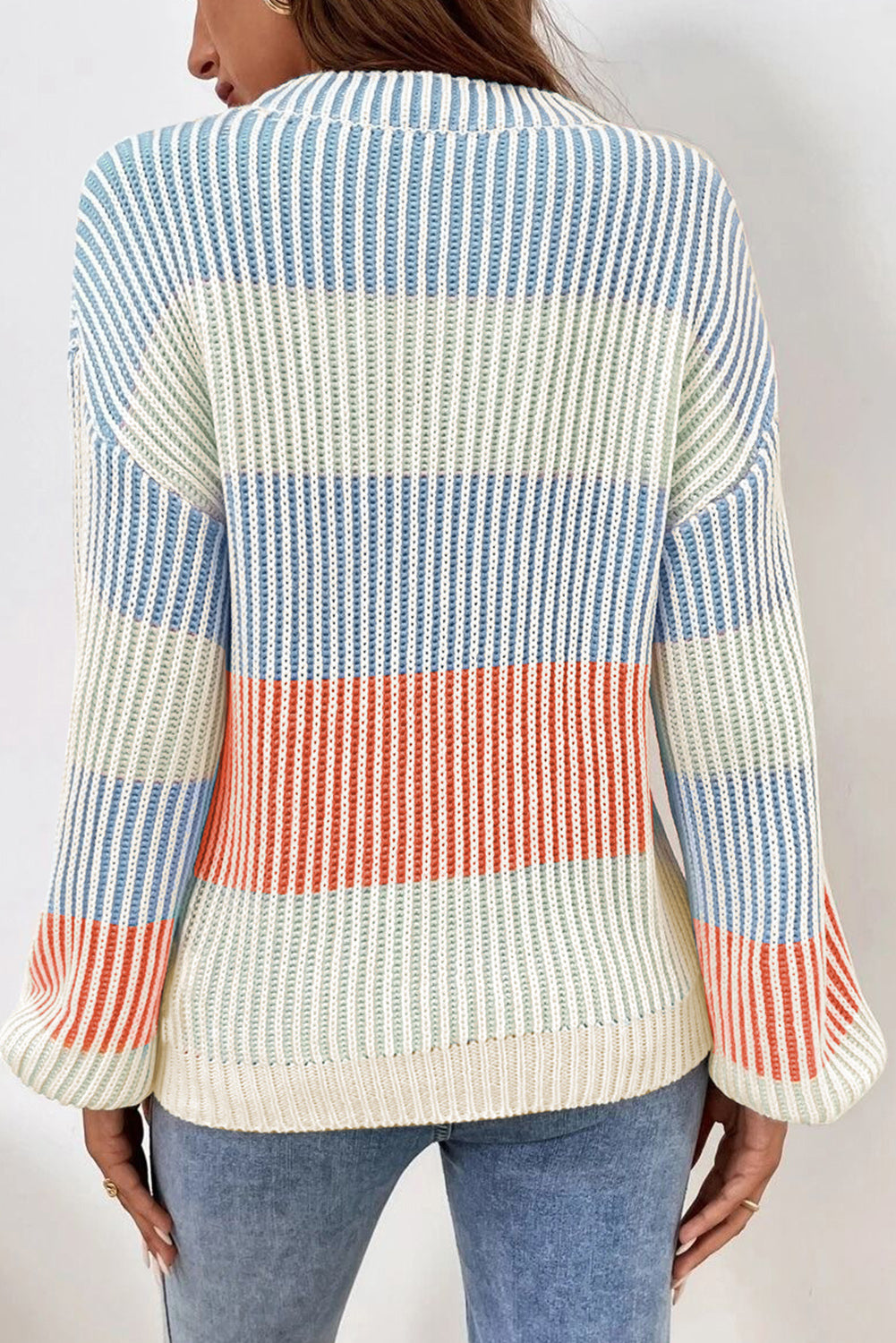 Multicolour Colorblock Textured Knit Bubble Sleeve Sweater