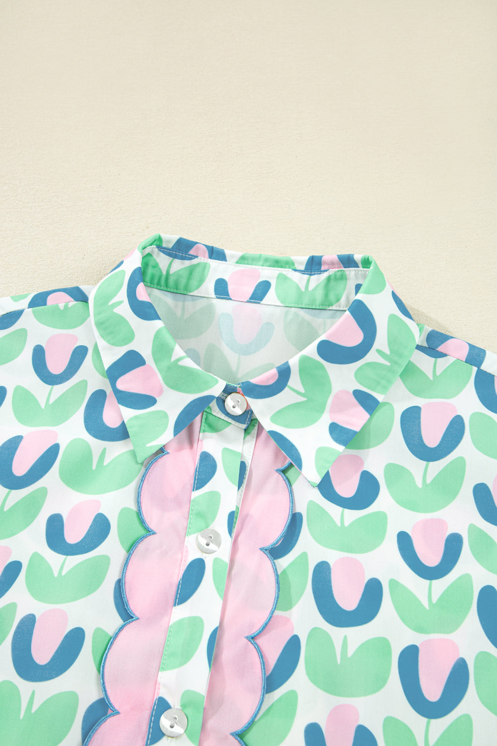 Green Floral Print Notched Neck Scalloped Detail Long Sleeve Mini Dress