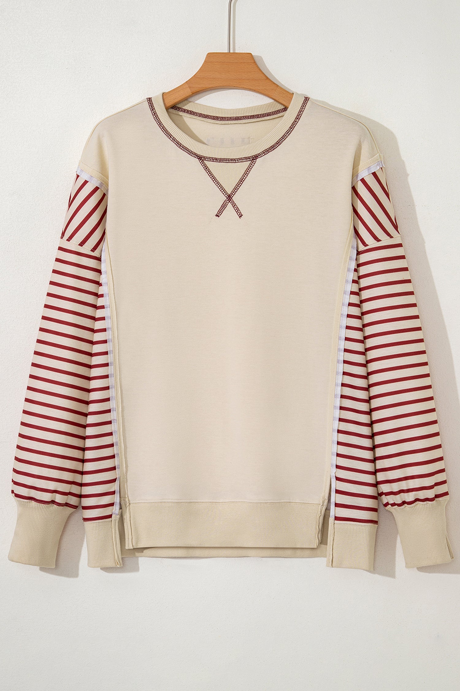 Red Stripe Sleeve Patchwork Casual Knit Top