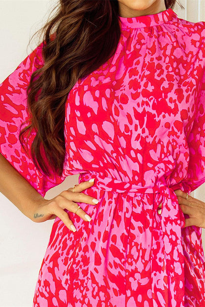 Rose Leopard Loose Sleeve Belted Wide Leg Jumpsuit - L & M Kee, LLC