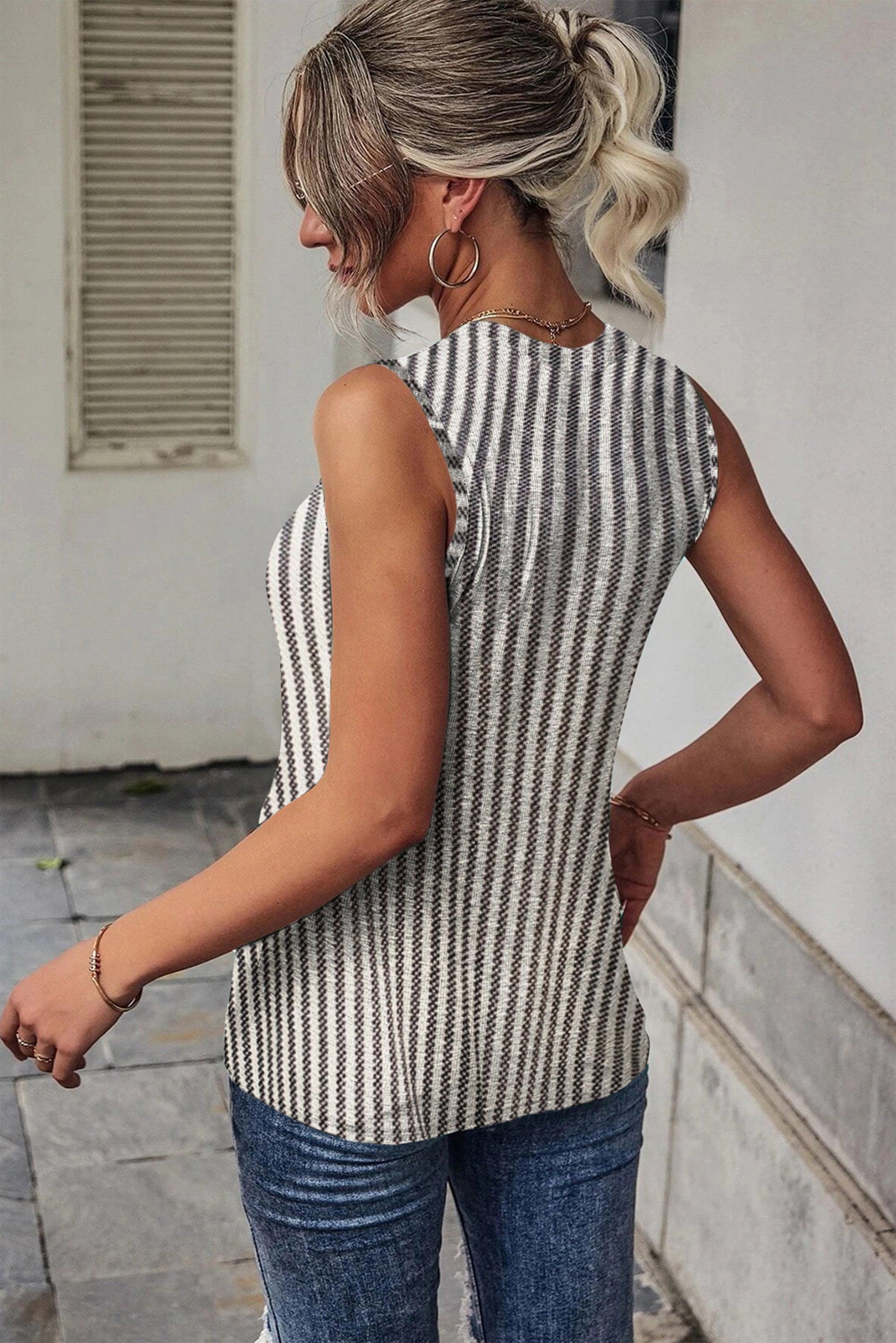 Gray Striped Cutout Twist Front Tank Top - L & M Kee, LLC