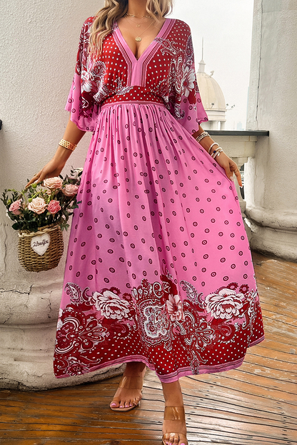 Pink Floral Print Knotted Open Back High Waist Maxi Dress