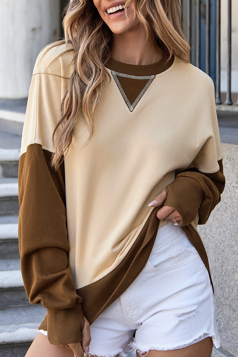 Parchment Color Block Thumbhole Sleeve Drop Shoulder Sweatshirt