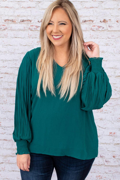 Green Pleated Bubble Sleeve Plus Size Blouse - L & M Kee, LLC