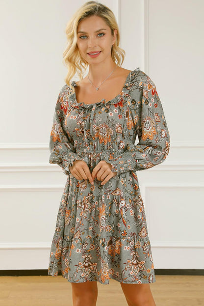 Multicolour Floral Long Sleeve Frilled U-Neck Ruffled Dress - L & M Kee, LLC