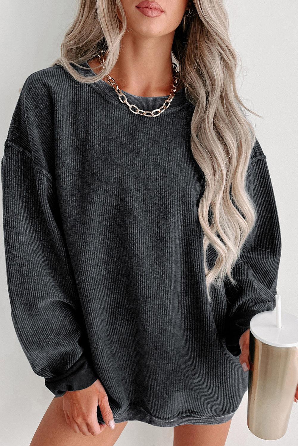 Gray Solid Ribbed Knit Round Neck Pullover Sweatshirt - L & M Kee, LLC