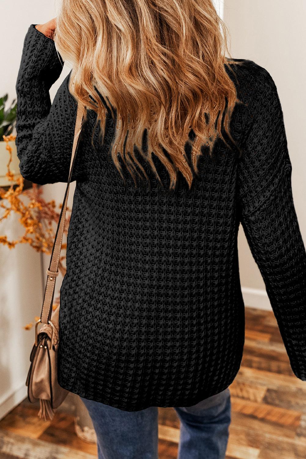 Black Hollow-out Crochet V Neck Sweater - L & M Kee, LLC