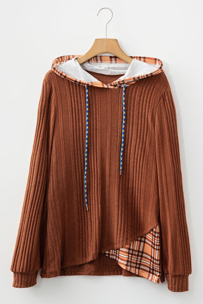 Chestnut Plaid Patchwork Ribbed Knit Drawstring Hooded Top