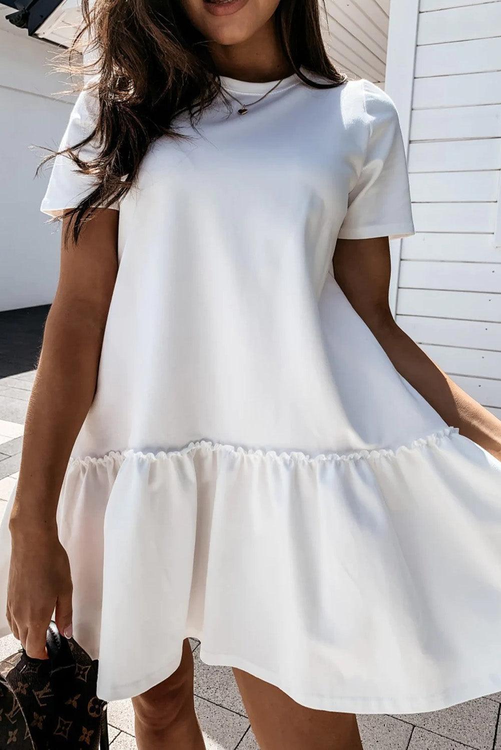 White Frilly Splicing Hem Short Sleeve Casual Dress - L & M Kee, LLC