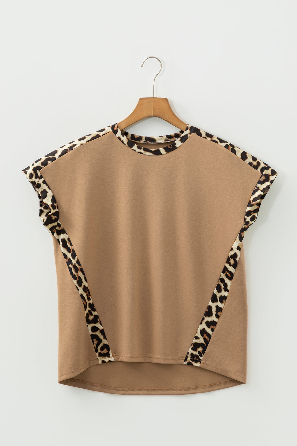 Light French Beige Leopard Trim Round Neck Loose T Shirt
