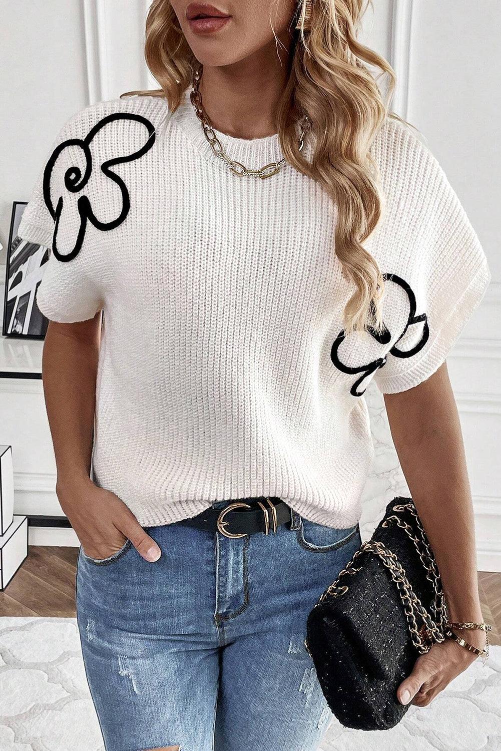 White Flower Embroidery Sweater Tee - L & M Kee, LLC