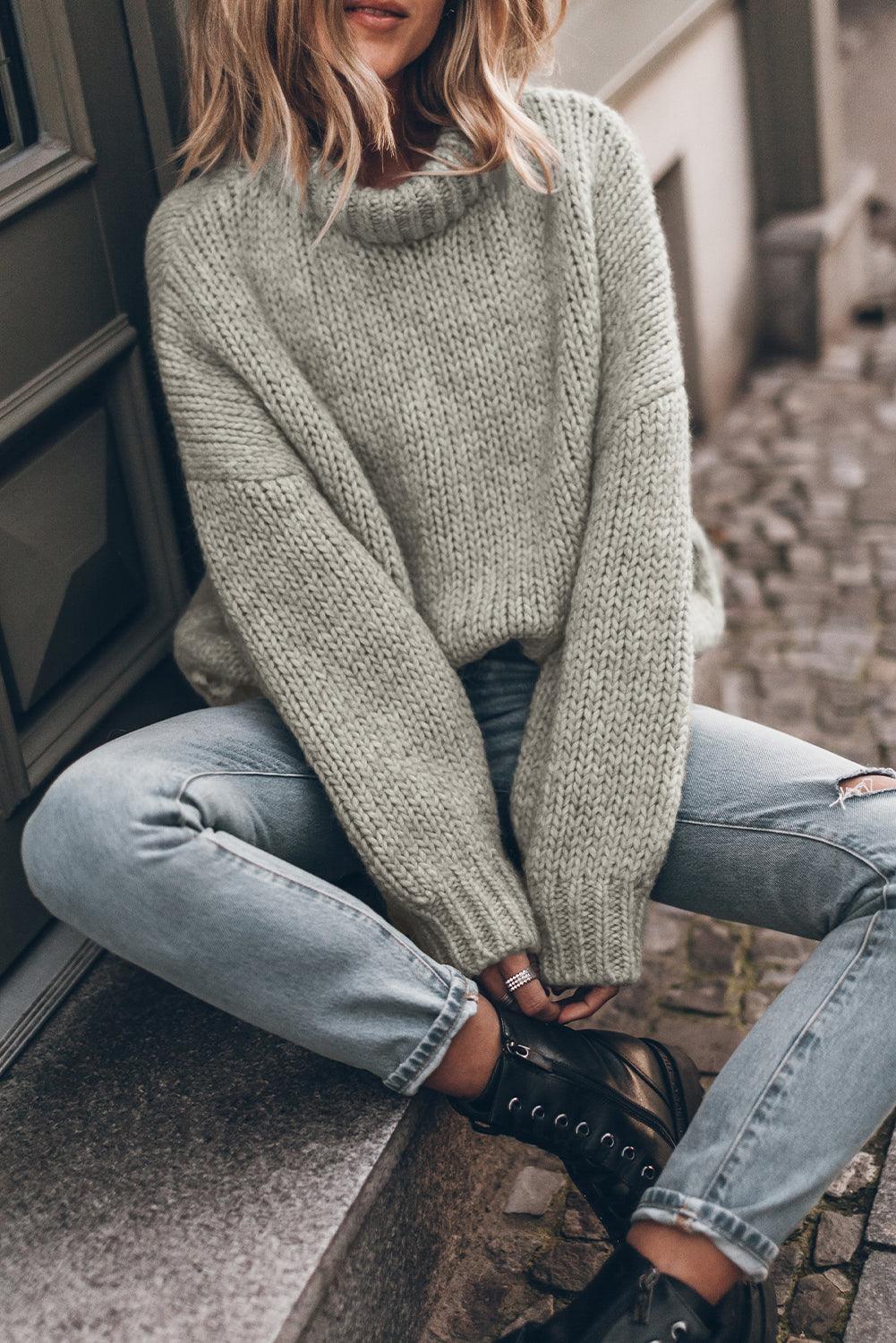 Light Grey Chunky Knit Turtle Neck Drop Shoulder Sweater - L & M Kee, LLC