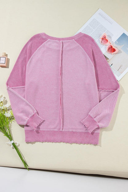 Pink Waffle Knit Patchwork Exposed Seam Raglan Sweatshirt - L & M Kee, LLC