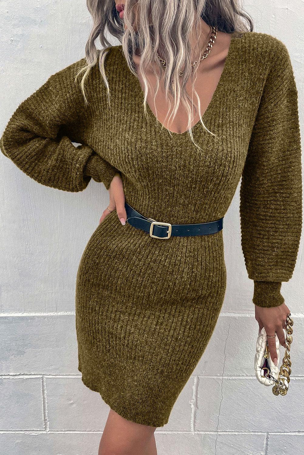Green V Neck Bodycon Sweater Dress - L & M Kee, LLC