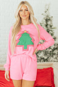 Sachet Pink Plaid Contrasted Double Christmas Tree Patched Raglan Sleeve Pullover 2pcs Short Set