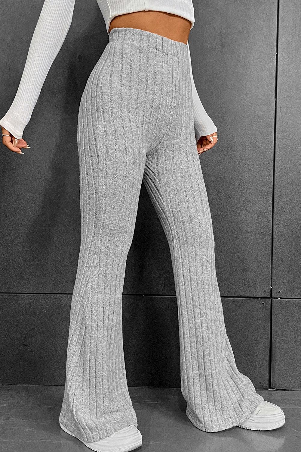 Gray Solid Color High Waist Ribbed Flare Pants - L & M Kee, LLC