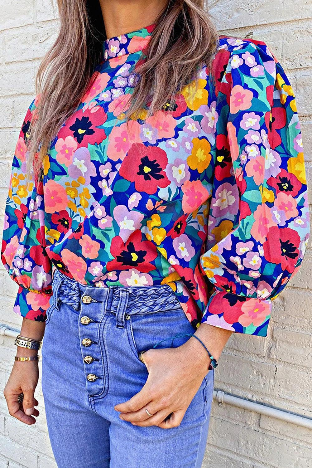 Blue Mock Neck Bubble Sleeve Floral Print Blouse - L & M Kee, LLC