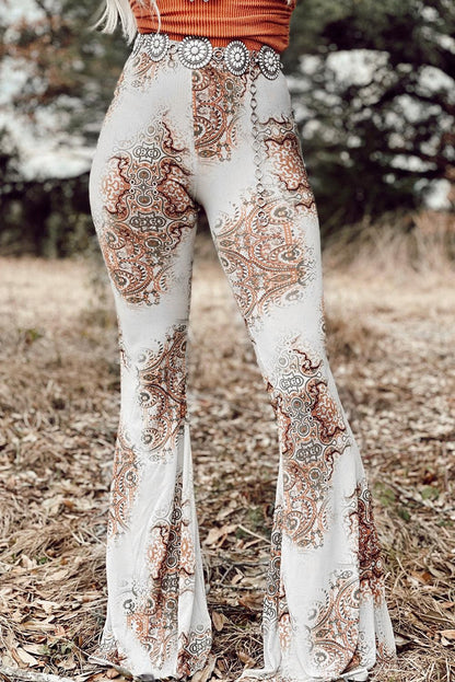 Western Vintage Print High Waist Bell Pants - L & M Kee, LLC