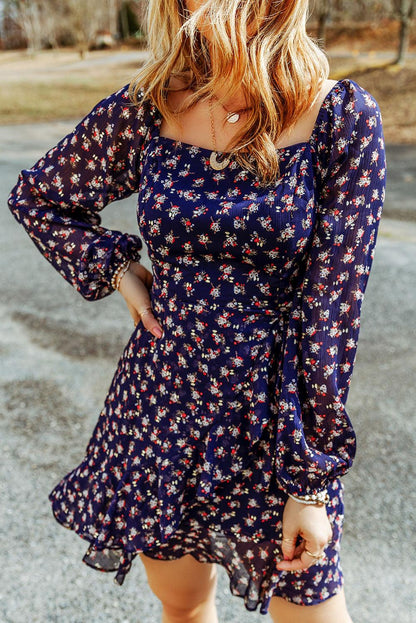 Floral Print Smocked Square Neck Bubble Sleeve Dress - L & M Kee, LLC